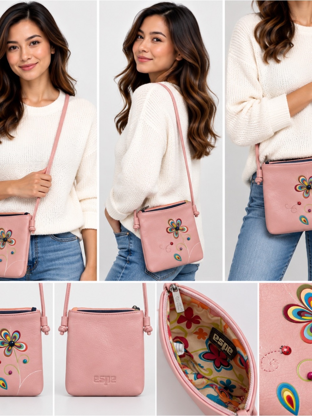ESPE Solstice Mini Pink Vegan Crossbody Bag Floral Embroidered Purse Pink